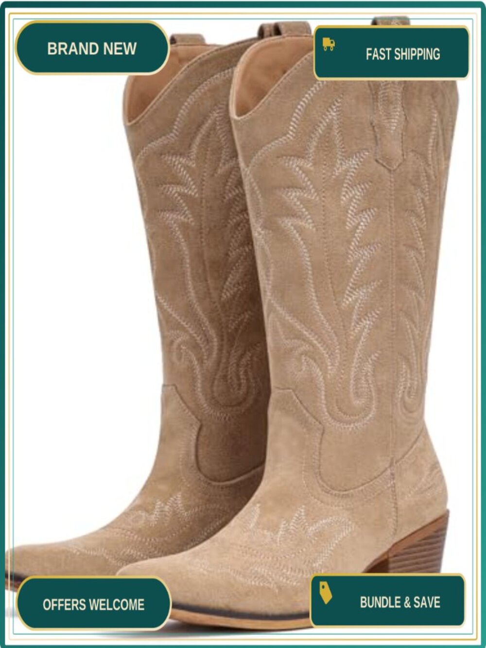 Women's Western Cowgirl Mid-Calf Boots with Embroidered Design, Faux Leather